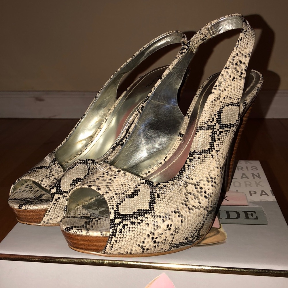 Python Sneak-Print Open-Toe Sling-Back Pumps- Sz 8 - image 2